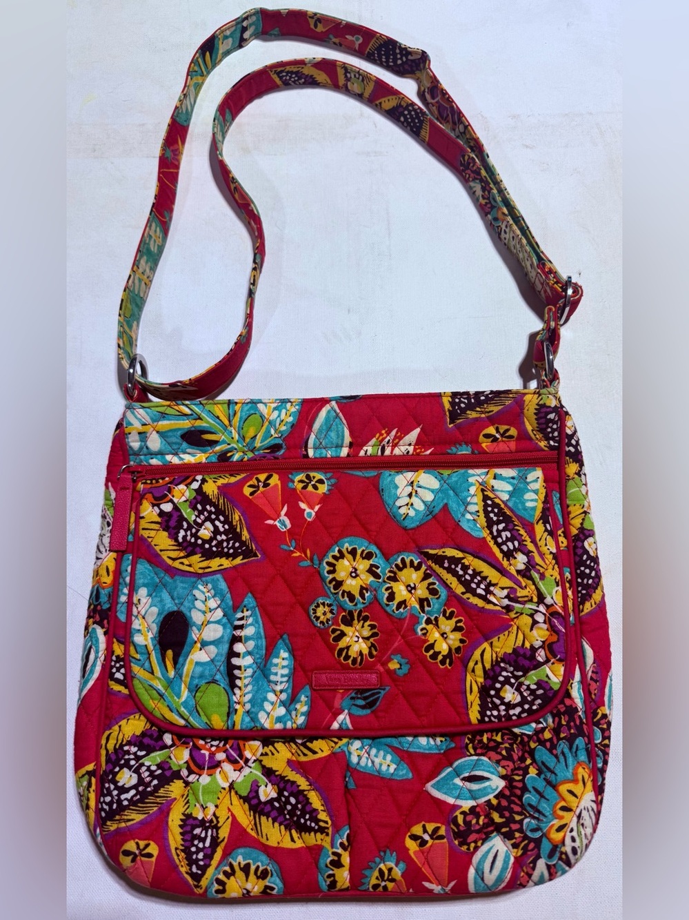 Vera Bradley Red Floral Quilted Crossbody with Teal & Yellow Accents